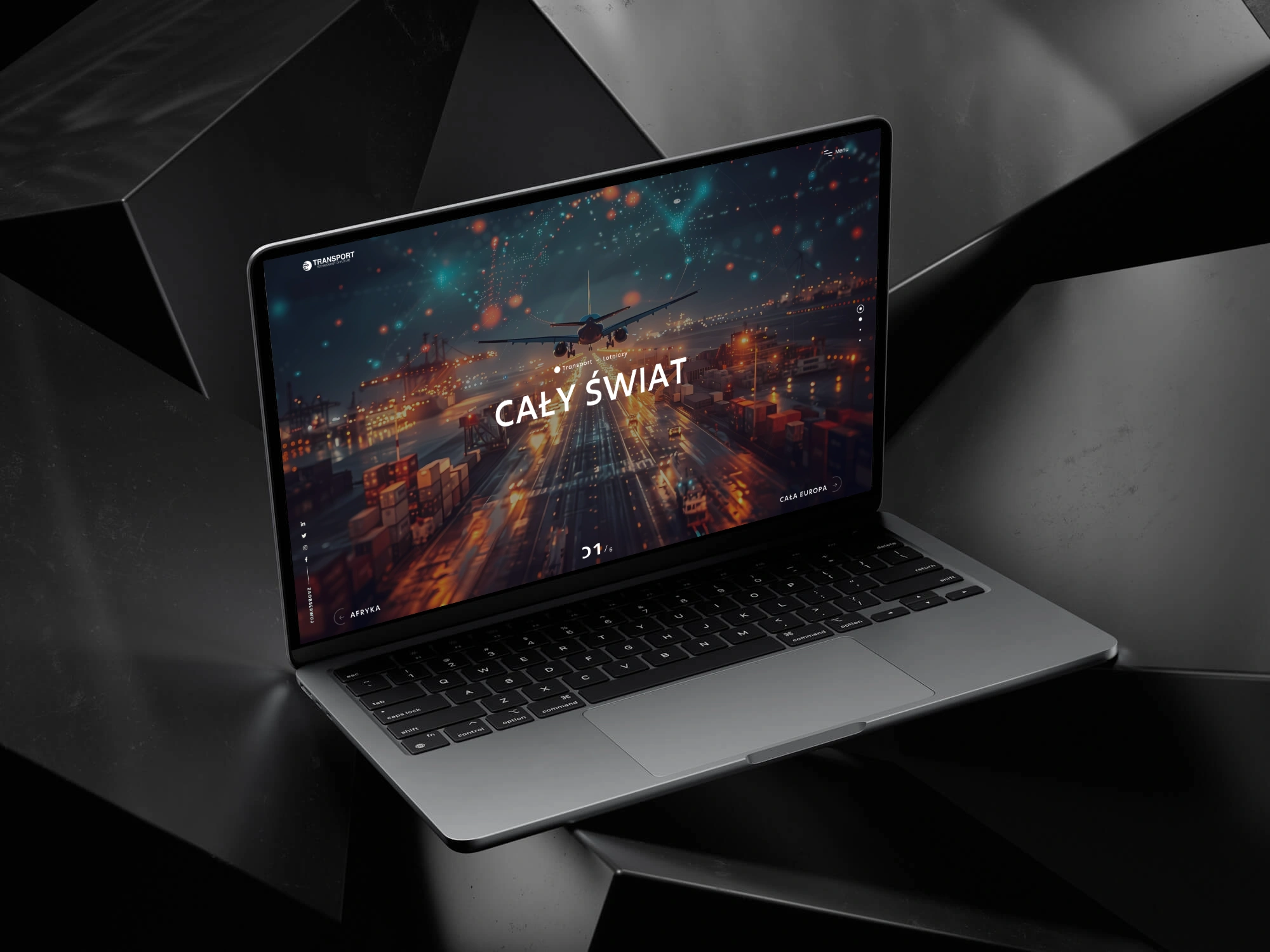 Slider hero Transport technology widoczny w mockupie laptopa